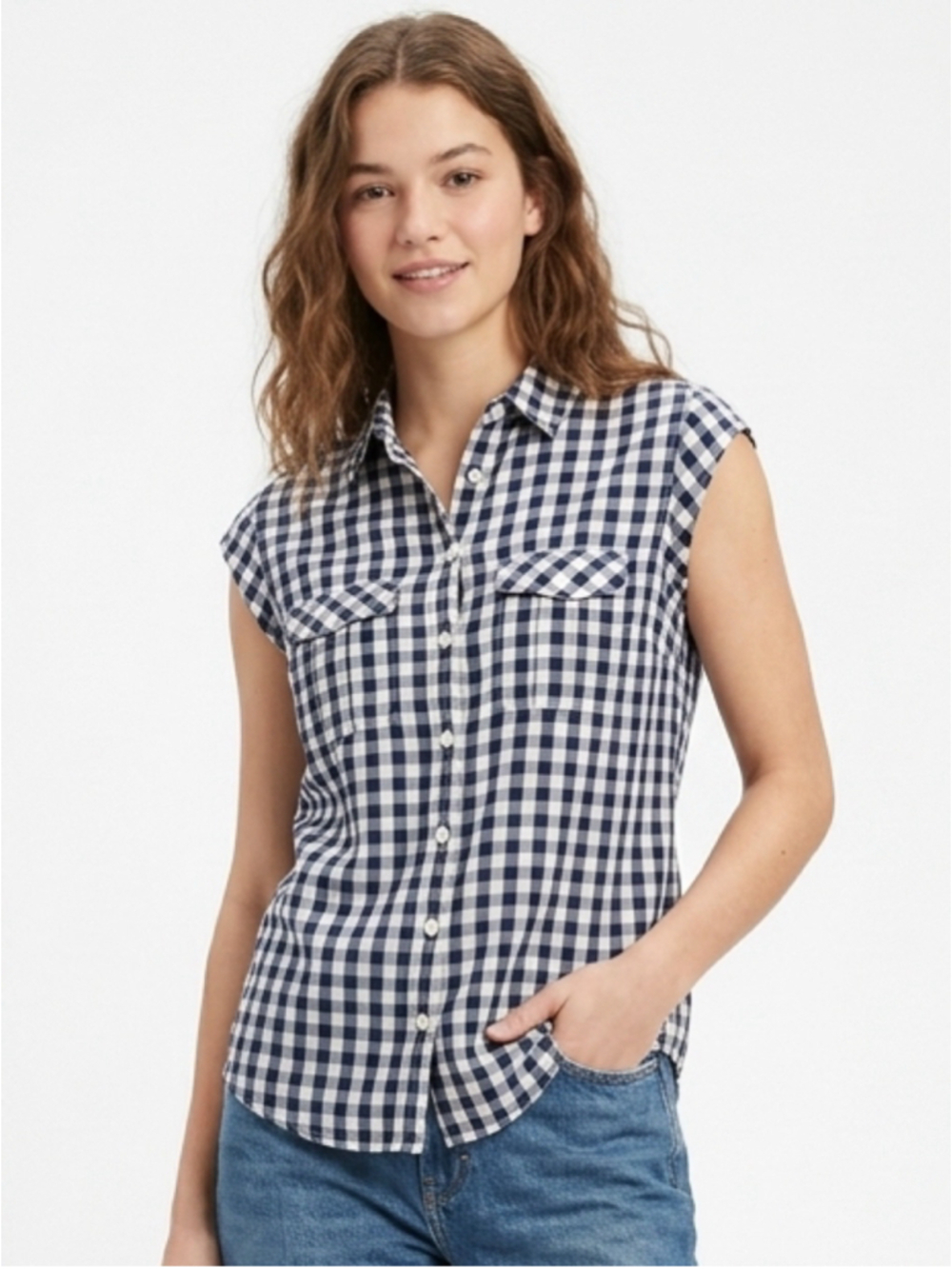 Eddie Bauer Navy Blue Gingham Cotton Tencel Cap Sleeve Button Up Shirt Small 995